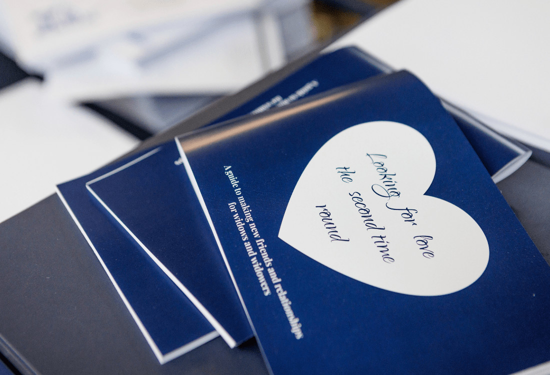 A print booklet from a small business about how widows and widowers can look for love a second time, highlighting the benefits of print marketing.