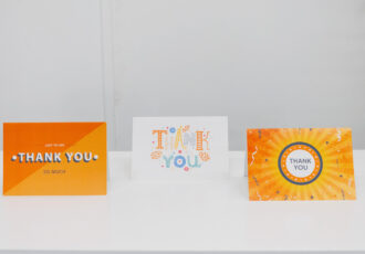 Three different print cards saying thank you with expressive graphics that work as effective ways to strengthen your local image via local leaflet distribution.